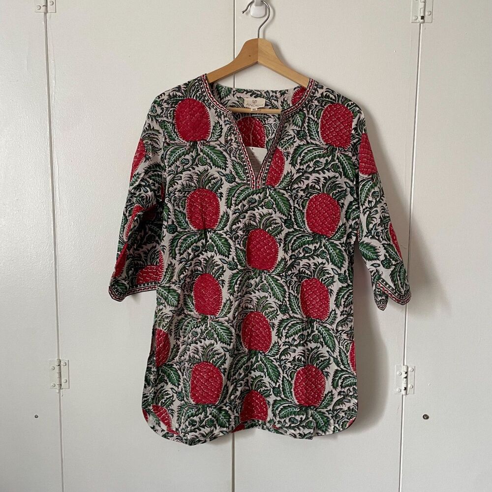 NWT Anokhi Floral Block Print Blouse Tunic 3/4 Sleeve 100% Cotton, Size XS